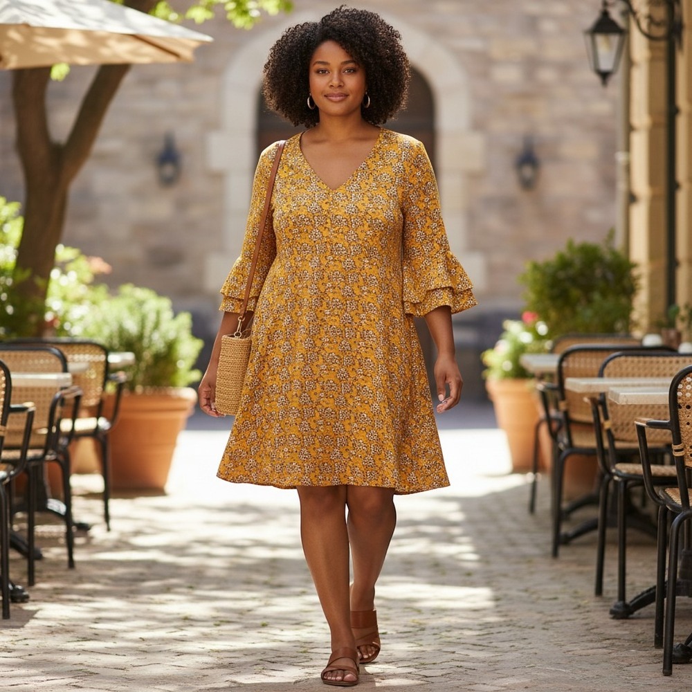Belongsci Women Mustard Yellow Floral V-Neck Tiered Bell Sleeve Shift Dress L